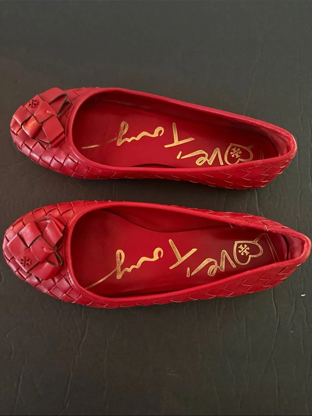 TORY BURCH  Red Woven Leather Ballet Flats 7.5 CORQUETTE Whimsical Workwear